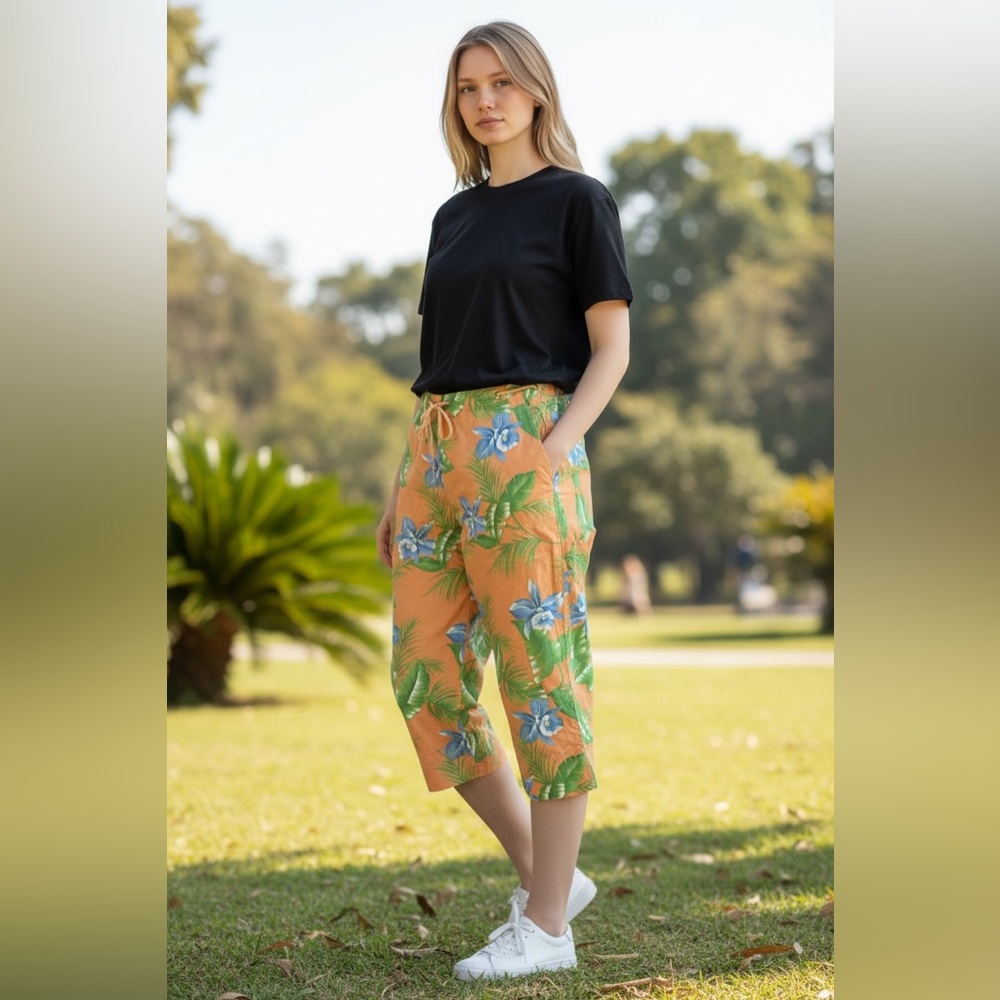 Lauren Ralph Lauren Orange Floral Cotton Capri Pants Size 16 - Picture 3 of 14